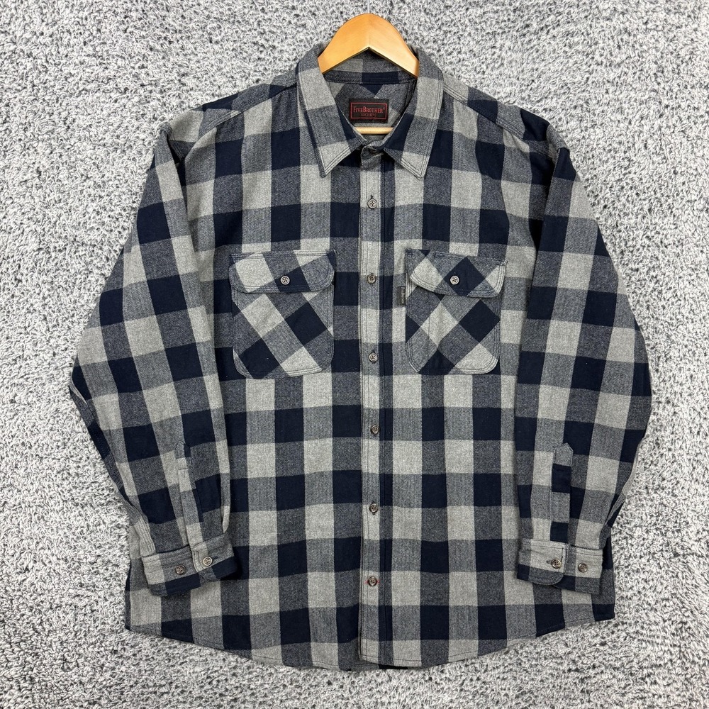 FiveBrother Shirt Mens 2XL Blue Plaid Flannel Button Up Workwear Two Pocket